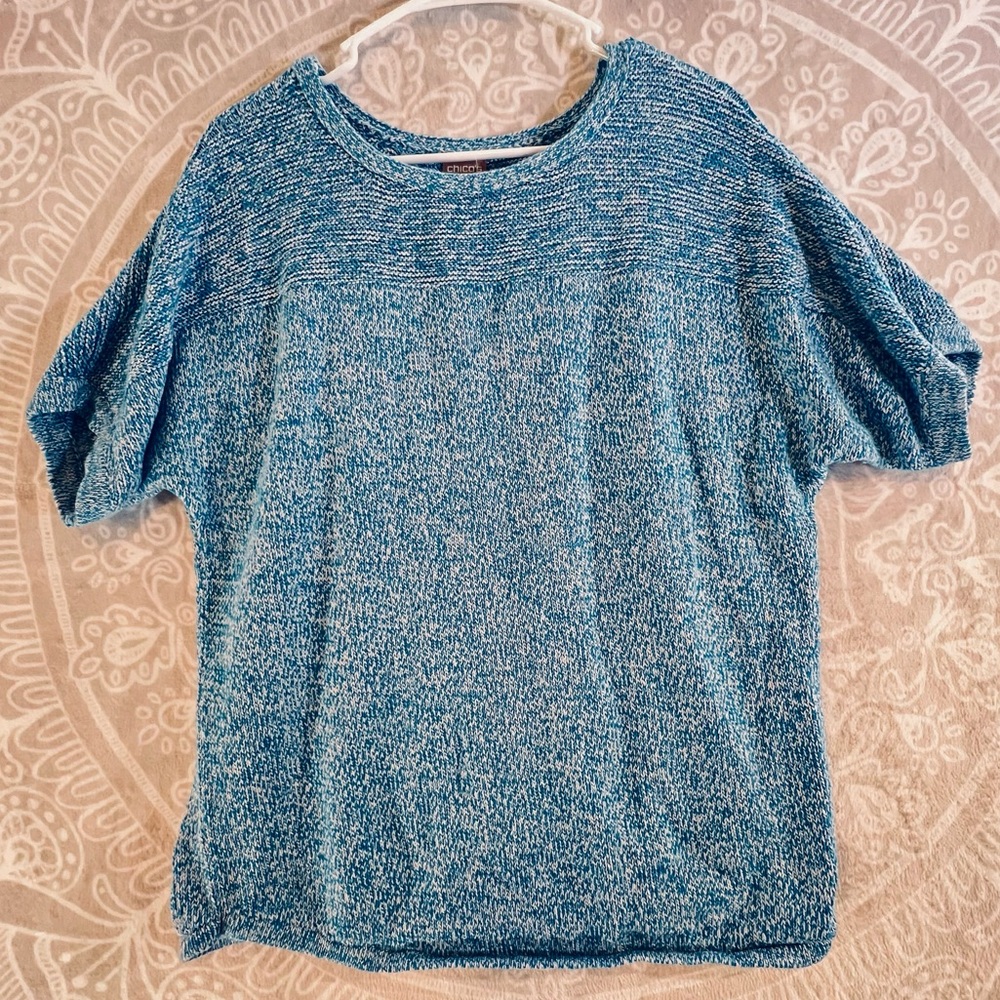 💗👚CHICO’S SIZE 2 M MEDIUM 12 WOMEN SHIRT TOP SWEATER BLUE WHITE KNIT VGU…
